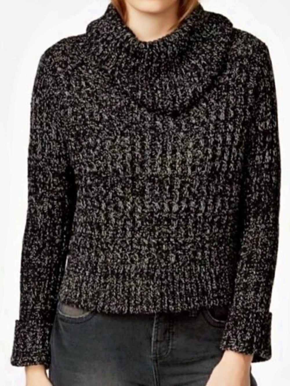 Free People Size Medium Cropped Chunky Black White Cowl Neck Turtleneck Sweater